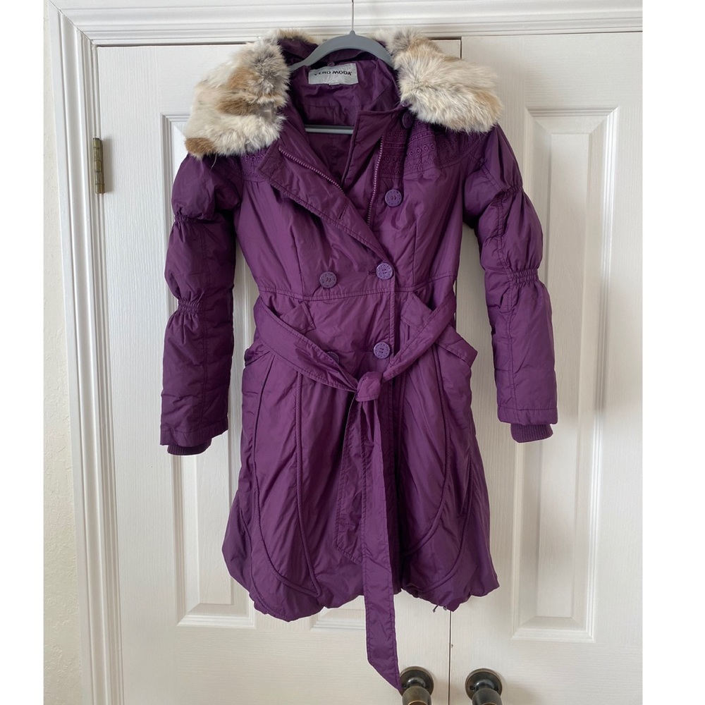 Women's Purple Fur-Trimmed Coat - Picture 3 of 13